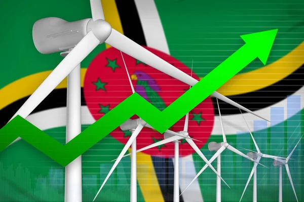 Dominica wind energy power rising chart, arrow up  - green energy industrial illustration. 3D Illustration