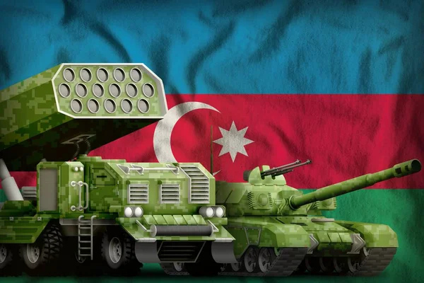 tank and rocket launcher with summer pixel camouflage on the Azerbaijan flag background. Azerbaijan heavy military armored vehicles concept. 3d Illustration