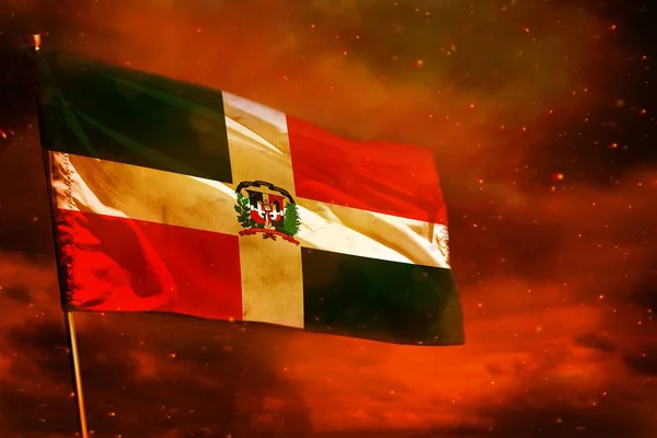 Powiewała Flaga Dominikany Crimson Czerwone Niebo Tle Filary Dymu Koncepcja — Zdjęcie stockowe