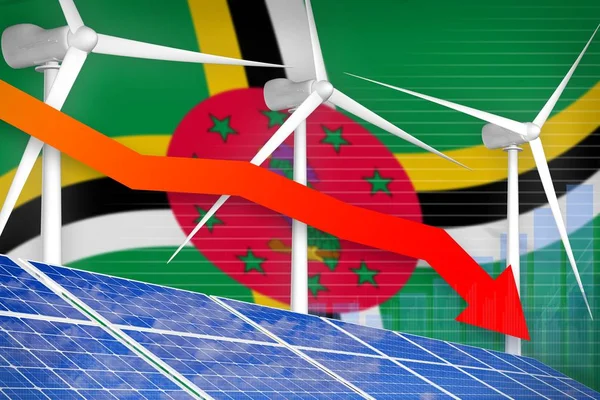 Dominica solar and wind energy lowering chart, arrow down  - alternative energy industrial illustration. 3D Illustration