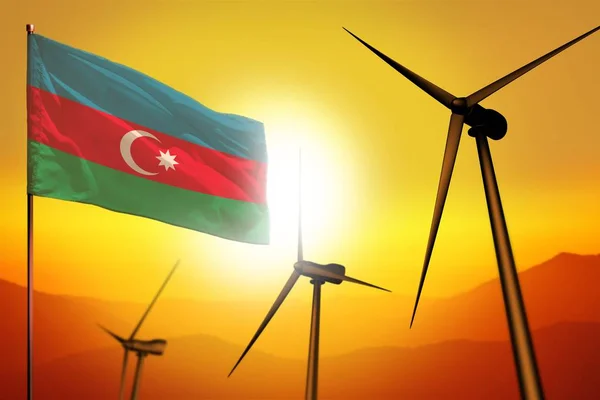 Azerbaijan Wind Energy Alternative Energy Environment Concept Turbines Flag Sunset — Stock Photo, Image