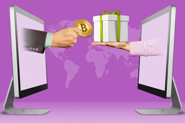 e-commerce concept, hands from displays. hand with bitcoin and hand with gift box . 3d illustration