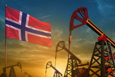 Norveç Petrol endüstri kavramı, endüstriyel illüstrasyon. Çırpınan Norveç bayrağı ve petrol kuyuları üzerinde mavi ve sarı günbatımı sky - 3d resimde arka plan