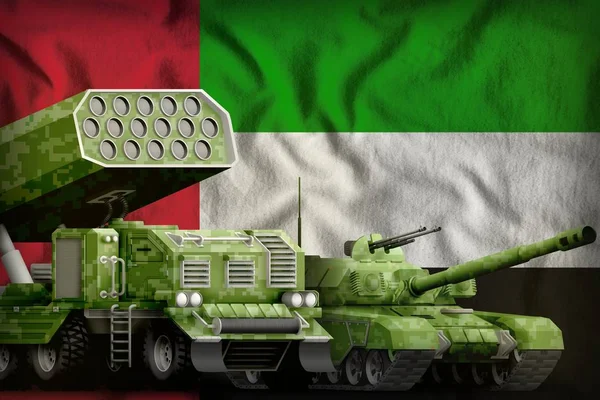 tank and rocket launcher with summer pixel camouflage on the United Arab Emirates flag background. United Arab Emirates heavy military armored vehicles concept. 3d Illustration