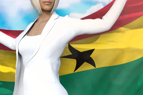 Bonita Mujer Negocios Está Sosteniendo Bandera Ghana Sus Manos Detrás —  Fotos de Stock