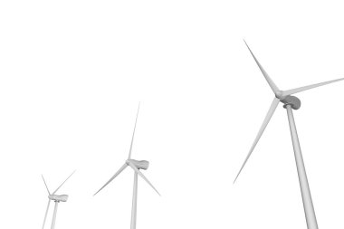 3 rüzgar türbinleri döndürme - beyaz arka plan üzerinde izole perspektif görünümü - eco güç endüstriyel illüstrasyon, 3d resimde farklı açıları ile