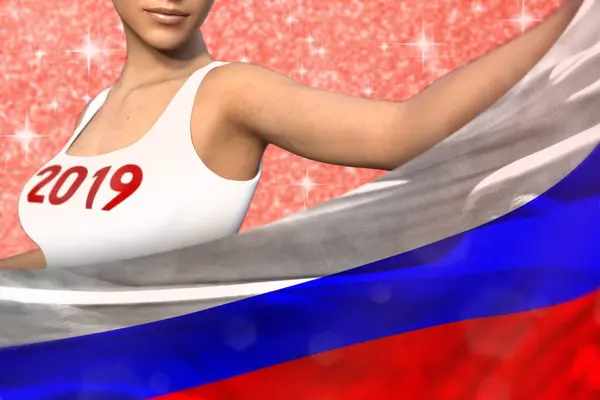 Güzel Kız Onun Önünde Rusya Bayrağı Kırmızı Parlayan Üzerinde Arka — Stok fotoğraf