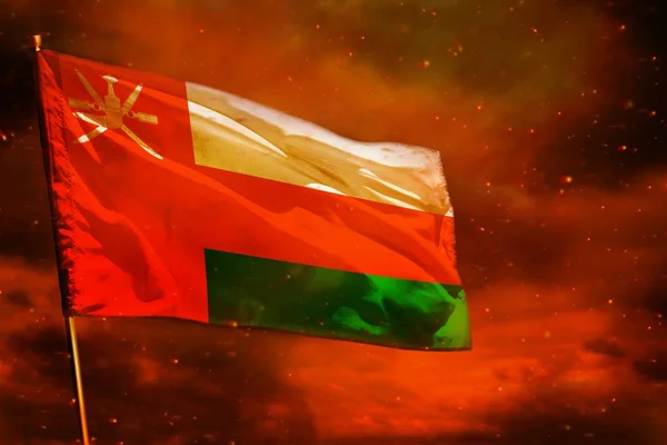 Fladdrande Oman Flagga Crimson Röd Himmel Med Smoke Pelare Bakgrund — Stockfoto