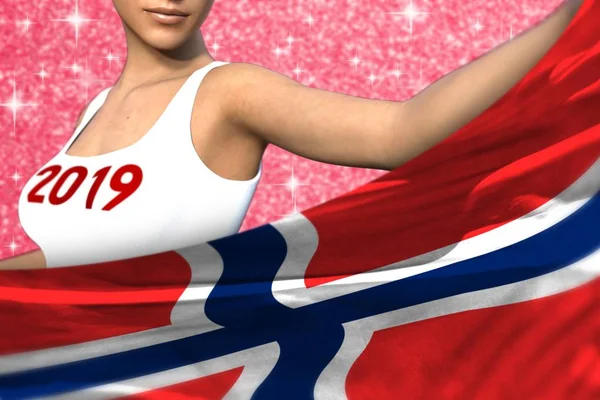 Sexy Mujer Está Sosteniendo Bandera Noruega Delante Ella Rojo Brillante — Foto de Stock