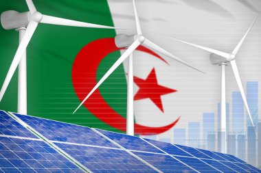 Cezayir güneş ve rüzgar enerji dijital grafik kavramı - Yenilenebilir Enerji sanayi illüstrasyon. 3D çizim