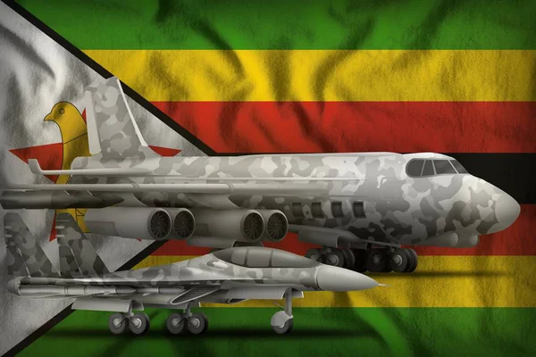 Forças Aéreas Com Camuflagem Cinzenta Fundo Bandeira Zimbabué Conceito Das — Fotografia de Stock