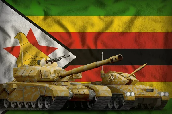 Tanques Com Camuflagem Laranja Fundo Bandeira Zimbabué Zimbábue Tanque Força — Fotografia de Stock