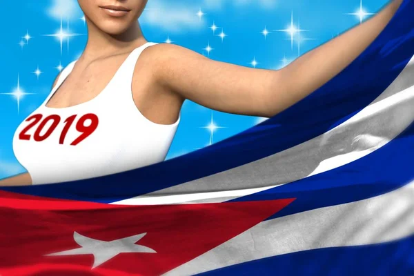 Ładna Pani Trzyma Flagę Kuba Przed Nią Światło Niebieskie Kolorowe — Zdjęcie stockowe
