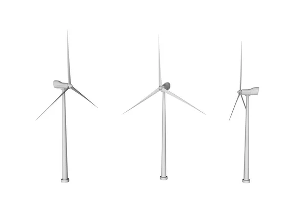 3风涡轮以不同的自转角度查出在白色背景 风能工业例证 — 图库照片