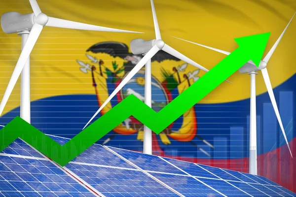 Ecuador solar and wind energy rising chart, arrow up  - modern energy industrial illustration. 3D Illustration