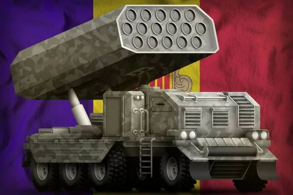 火箭火炮 导弹发射器与灰色伪装在安道尔国旗背景 — 图库照片