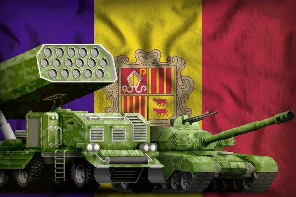 tank and rocket artillery with summer pixel camouflage on the Andorra flag background. Andorra heavy military armored vehicles concept. 3d Illustration