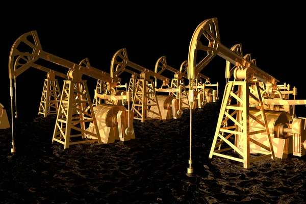 Oil - the Black Gold concept 3D rendering, gold oil wells in the sea of black oil - industrial illustration