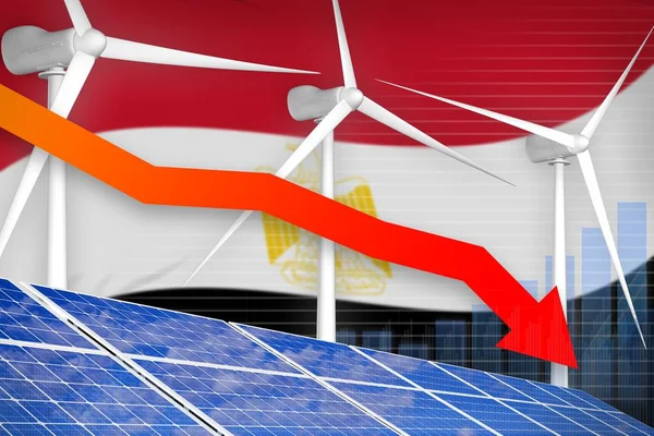 Egypt solar and wind energy lowering chart, arrow down  - environmental energy industrial illustration. 3D Illustration