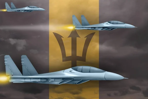 Conceito Ataque Aéreo Barbados Aviões Guerra Modernos Atacam Fundo Bandeira — Fotografia de Stock