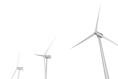 Döndürme - beyaz arka plan üzerinde izole perspektif görünümü - eco güç endüstriyel illüstrasyon, 3d resimde farklı açıları ile üç yel değirmenleri