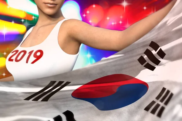 cute woman is holding Republic of Korea (South Korea) flag in front of her on the  party lights - Christmas and 2019 New Year flag concept 3d illustration