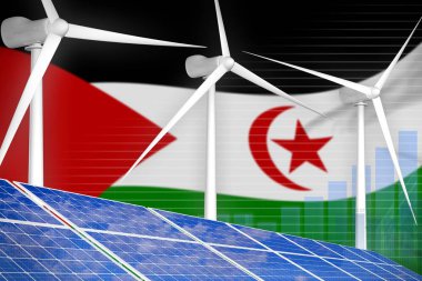 Batı Sahra güneş ve rüzgar enerji dijital grafik kavramı - Yenilenebilir Enerji sanayi illüstrasyon. 3D çizim