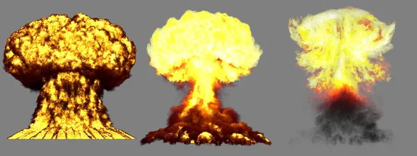 3个巨大的 高度详细的 不同阶段的蘑菇云氢弹爆炸 烟雾和火焰在灰色三维图像中隔离 — 图库照片