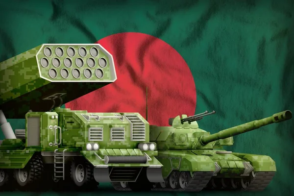 tank and rocket launcher with summer pixel camouflage on the Bangladesh flag background. Bangladesh heavy military armored vehicles concept. 3d Illustration