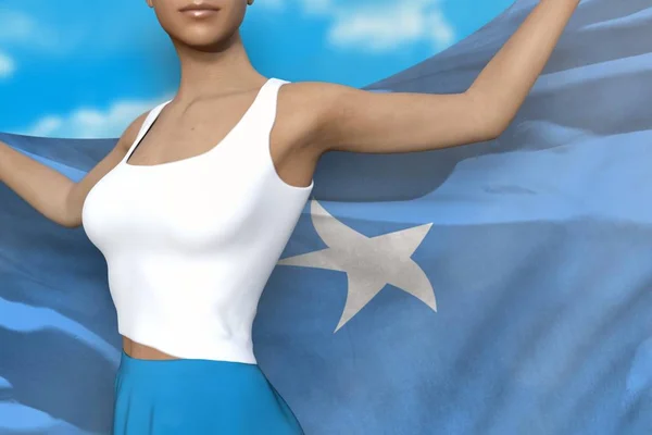 Niña Falda Brillante Está Sosteniendo Bandera Somalia Sus Manos Detrás —  Fotos de Stock