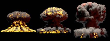 3 büyük farklı aşamalarında mantar duman duman ile nükleer bomba patlama ateş ve alevler siyah arka plan üzerine patlama - 3d illüstrasyon izole.