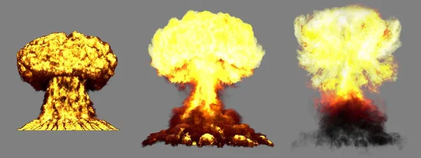 3大非常详细的阶段原子弹蘑菇云爆炸与烟雾和火隔离在爆炸的灰色3D — 图库照片