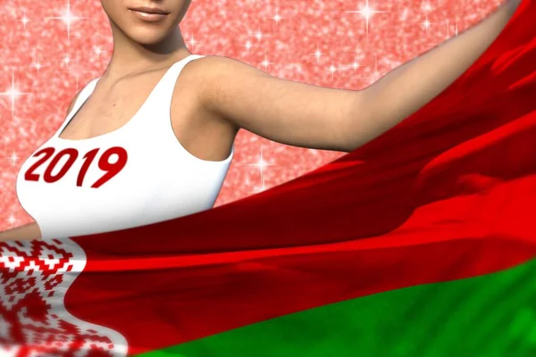 pretty woman is holding Belarus flag in front of her on the red shining sparks background - Christmas and 2019 New Year flag concept 3d illustration