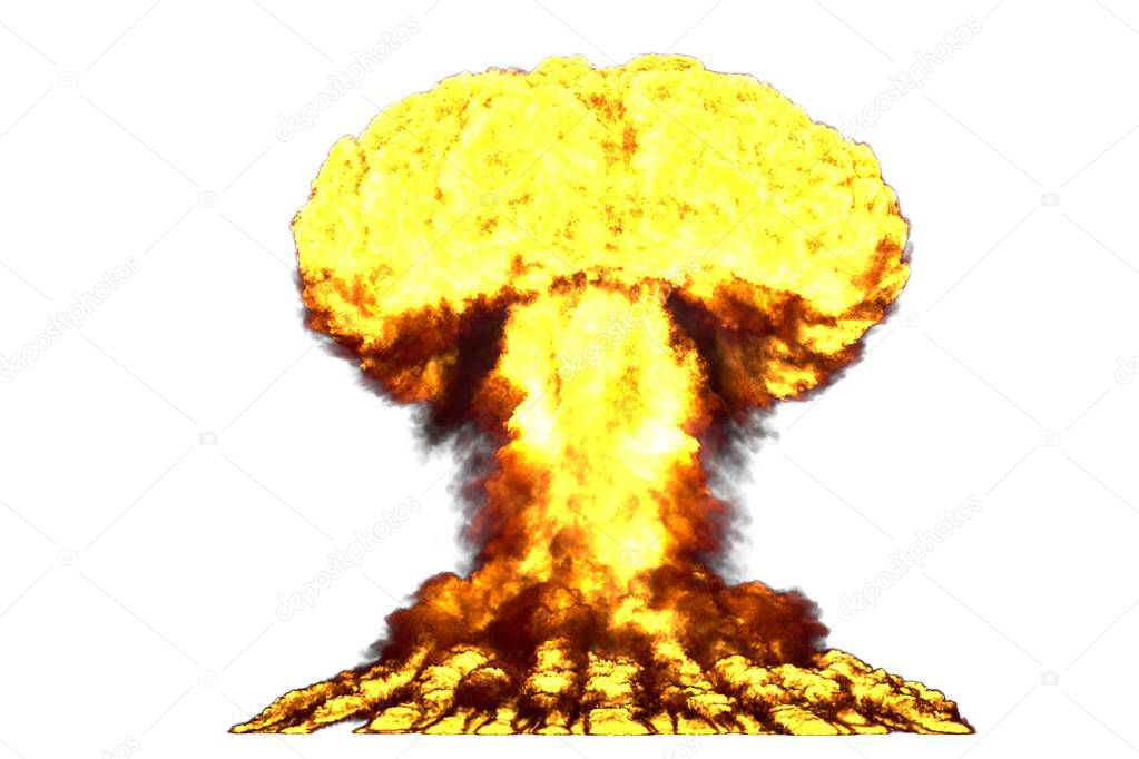 large high detailed mushroom cloud explosion with smoke and fire like from atom bomb or any other big explosives isolated on white - blast 3D illustration