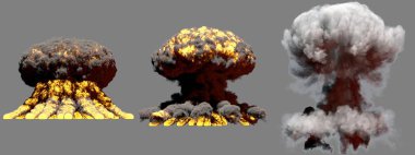 3 büyük farklı aşamalarında mantar bulutu patlama atom bombası dumanlı ateş ve alevler gri arka plan üzerinde patlama - 3d illüstrasyon izole.