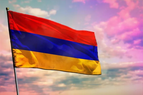 Fluttering Arménia Bandeira Fundo Colorido Céu Nublado Arménia Conceito Próspero — Fotografia de Stock