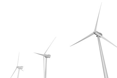 3 rüzgar türbinleri döndürme - beyaz arka plan üzerinde izole perspektif görünümü - eco güç endüstriyel illüstrasyon, 3d resimde farklı açıları ile