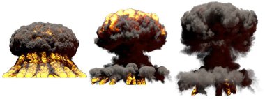3 büyük farklı aşamalarında yangın mantar bulutu patlama atom bombası duman ve alevler üzerinde patlama beyaz - 3d illüstrasyon izole ile