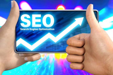 SEO (arama motoru optimizasyonu) teknoloji kavramı - smartphone ile el başparmak yukarı veya neon şehir ışıkları zemin üzerine bir jest gibi gösterir