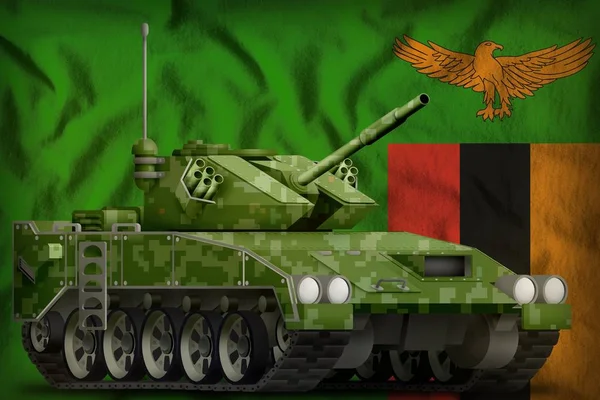 light tank apc with pixel summer camouflage on the Zambia flag background. 3d Illustration