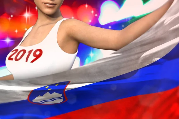 pretty woman is holding Slovenia flag in front of her on the  party lights - Christmas and 2019 New Year flag concept 3d illustration