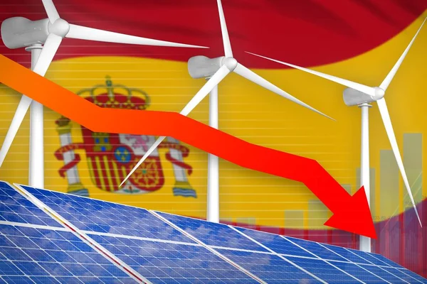 Spain solar and wind energy lowering chart, arrow down  - alternative energy industrial illustration. 3D Illustration
