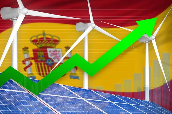 Spain solar and wind energy rising chart, arrow up  - alternative energy industrial illustration. 3D Illustration