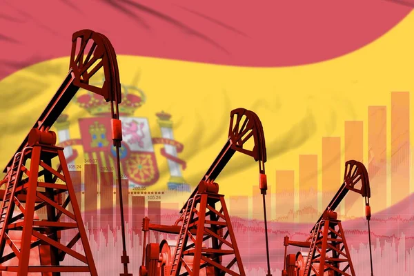 Spain oil and petrol industry concept, industrial illustration on Spain flag background. 3D Illustration