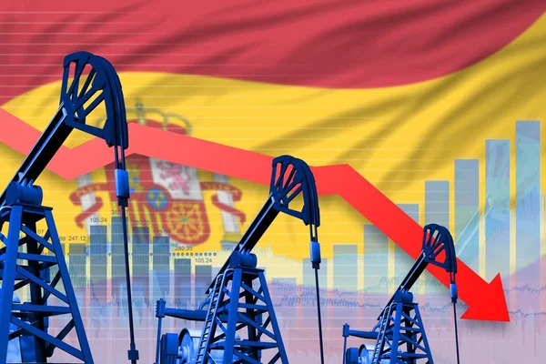 Spain oil industry concept, industrial illustration - lowering, falling graph on Spain flag background. 3D Illustration
