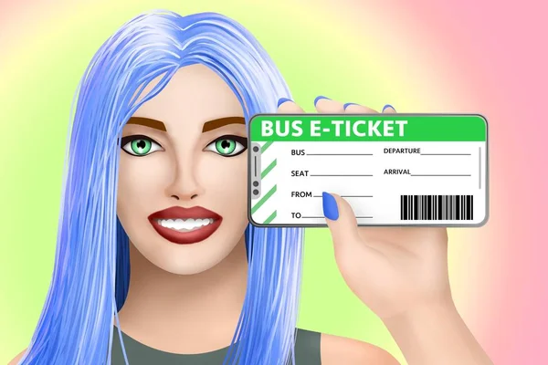 Concept bus e-ticket (electronic ticket). Smiling cute drawn girl on bright background. Digital illustration