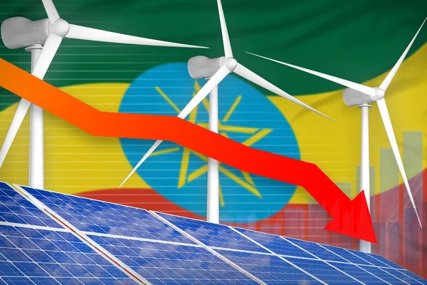 Ethiopia solar and wind energy lowering chart, arrow down  - environmental energy industrial illustration. 3D Illustration