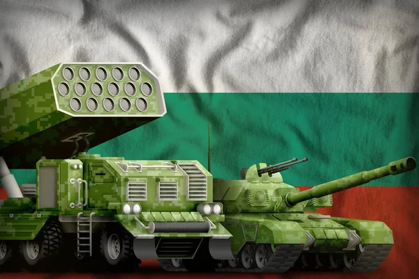 tank and rocket launcher with summer pixel camouflage on the Bulgaria flag background. Bulgaria heavy military armored vehicles concept. 3d Illustration