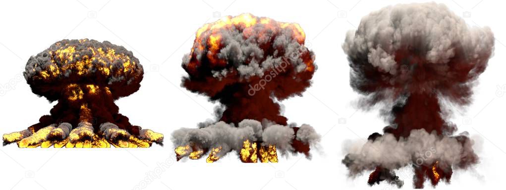 3 huge different phases fire mushroom cloud explosion of fusion bomb with smoke and flames isolated on white - 3D illustration of explosion