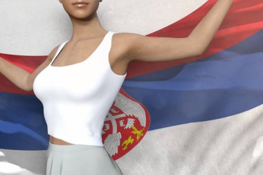 parlak etek seksi kadın Sırbistan bayrağı beyaz arka planda - bayrak kavramı 3d çizim onun arkasında onun elinde tutuyor